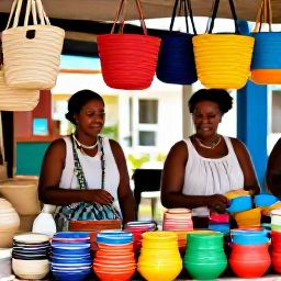 Caribbean Holidays, Caribbean Craft Markets, Colourful Caribbean craft market stalls with handmade baskets, painted pottery, woven bags and friendly local sellers in warm natural light