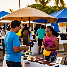 Caribbean Holidays, Caribbean Craft Markets, Relaxed Caribbean market scene at golden hour, with handmade crafts, smiling artisans and holidaymakers browsing under shaded canopies