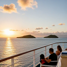 Caribbean Holidays, Caribbean Cruises, A couple relaxing on a cruise ship balcony at sunset, with calm Caribbean sea, warm light and distant green islands