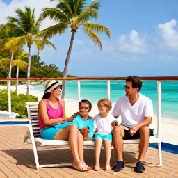 Caribbean Holidays, Caribbean Cruises, A happy family enjoying a relaxed Caribbean cruise deck with palm-lined island scenery in the background