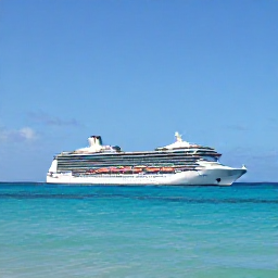 Caribbean Holidays, Caribbean Cruises, A modern cruise ship sailing through clear turquoise Caribbean water beneath a bright blue sky, viewed from a scenic distance
