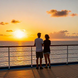 Caribbean Holidays, Caribbean Cruises, Couple watching a golden Caribbean sunset from the quiet upper deck of a cruise ship