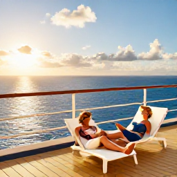 Caribbean Holidays, Caribbean Cruises May, Couple relaxing on a Caribbean cruise balcony overlooking a calm blue sea at sunrise