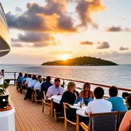 Caribbean Holidays, Caribbean Cruises May, Elegant cruise ship deck at sunset with passengers dining outdoors and Caribbean islands on the horizon