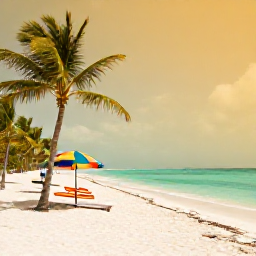 Caribbean Holidays, Caribbean Cruises May, White Caribbean beach with palm trees, turquoise sea and colourful umbrellas in warm sunshine