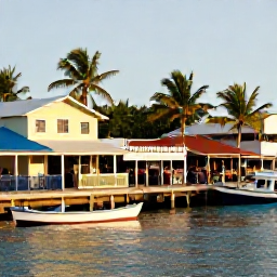 Caribbean Holidays, Caribbean Cruises, Passengers exploring a colourful Caribbean waterfront with local shops, caf&eacute;s, palm trees and fishing boats in warm sunshine