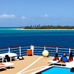 Caribbean Holidays, Caribbean Cruises, Passengers relaxing on a sunny cruise ship deck with palm-fringed Caribbean islands visible in the distance