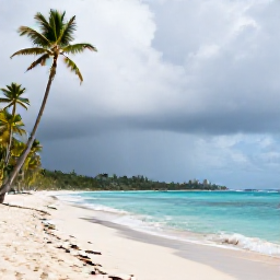 Caribbean Holidays, Caribbean Cruises, Tropical Caribbean beach with palm trees, gentle waves and a light shower passing over the distant hills