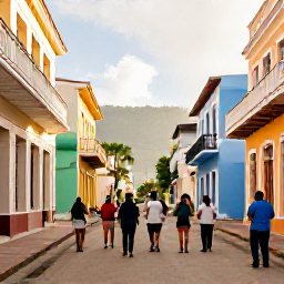 Caribbean Holidays, Caribbean Cultural Tours, A colourful Caribbean street in a historic town, with local people, colonial buildings and a small guided walking tour in warm daylight