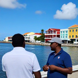 Caribbean Holidays, Caribbean Cultural Tours, A knowledgeable local guide leading visitors through a colourful Caribbean heritage district with historic architecture and a waterfront in the background