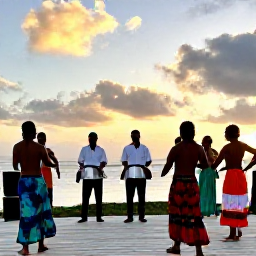 Caribbean Holidays, Caribbean Cultural Tours, A lively Caribbean cultural performance with musicians playing steel pans and dancers in colourful traditional clothing at sunset