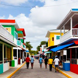 Caribbean Holidays, Caribbean Cultural Tours, Colourful Caribbean street scene with local architecture, market stalls and visitors exploring on foot
