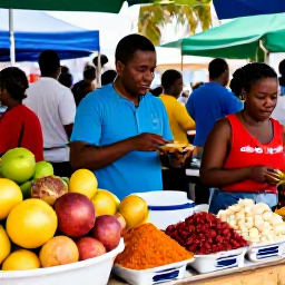 Caribbean Holidays, Caribbean Cultural Tours, Visitors tasting traditional Caribbean food at a welcoming local market, with colourful fruit, spices and street food stalls