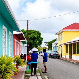 Caribbean Holidays, Caribbean Culture, A lively Caribbean street scene with colourful buildings, local people chatting, tropical plants and a relaxed island atmosphere