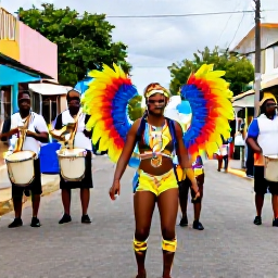 Caribbean Holidays, Caribbean Culture, Colourful Caribbean carnival dancers in bright costumes moving through a town street while musicians play drums and brass instruments
