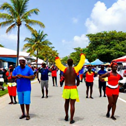 Caribbean Holidays, Caribbean Culture Holidays, Lively Caribbean street festival with colourful costumes, musicians, dancers and crowds beneath bright tropical skies