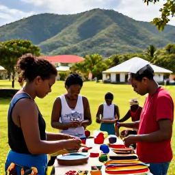 Caribbean Holidays, Caribbean Culture Holidays, Welcoming Caribbean village with local artisans making crafts, visitors learning traditional skills and lush green hills in the background