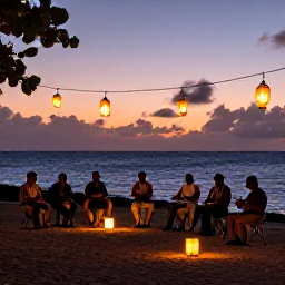 Caribbean Holidays, Caribbean Culture, Travellers enjoying a relaxed cultural evening beside the Caribbean sea with local musicians, lanterns and a sunset sky