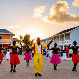 Caribbean Holidays, Caribbean Dance, Colourful Caribbean dancers performing traditional music in a lively village square at sunset