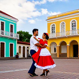 Caribbean Holidays, Caribbean Dance, Couples performing a graceful traditional Caribbean dance in a historic town square surrounded by colourful colonial buildings