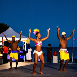 Caribbean Holidays, Caribbean Dance Shows, Colourful Caribbean dancers performing outdoors at a lively evening festival beside the sea
