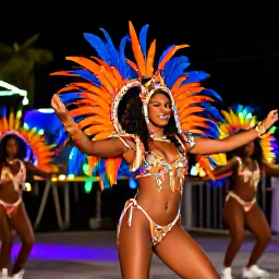 Caribbean Holidays, Caribbean Dance Shows, Energetic Caribbean carnival dancers in feathered costumes performing under colourful lights at night