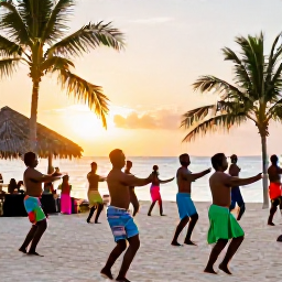 Caribbean Holidays, Caribbean Dance Shows, Friendly Caribbean dance troupe teaching holidaymakers simple steps at an open-air beach venue during sunset