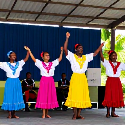 Caribbean Holidays, Caribbean Dance Shows, Traditional Caribbean folk dancers in colourful costumes performing on a village stage with musicians nearby