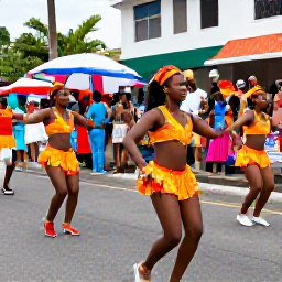Caribbean Holidays, Caribbean Dance, Traditional Caribbean dancers in bright costumes performing during a colourful street carnival with spectators