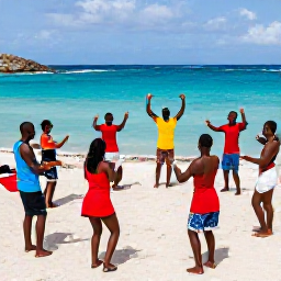 Caribbean Holidays, Caribbean Dance, Visitors learning traditional Caribbean dance from local performers at an outdoor cultural workshop beside the sea