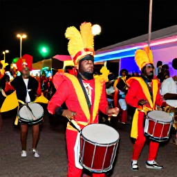 Caribbean Holidays, Caribbean December, A Caribbean parade at night with masquerade costumes, drummers, dancers and spectators beneath colourful lights