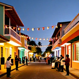 Caribbean Holidays, Caribbean December, A lively Caribbean street decorated for Christmas, with colourful buildings, local people, musicians and warm evening light