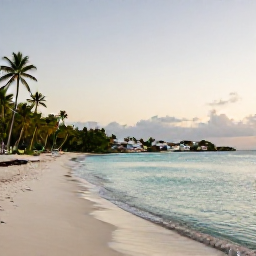 Caribbean Holidays, Caribbean December, A peaceful Caribbean beach at sunrise with calm turquoise water, palm trees and a small historic town in the distance