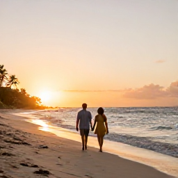 Caribbean Holidays, Caribbean December, Couple walking hand in hand along a quiet Caribbean beach at sunset in December