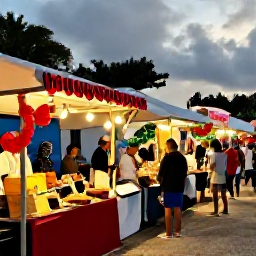Caribbean Holidays, Caribbean December Holidays, Colourful Caribbean Christmas market with local food stalls, decorations, musicians and visitors exploring in warm evening light