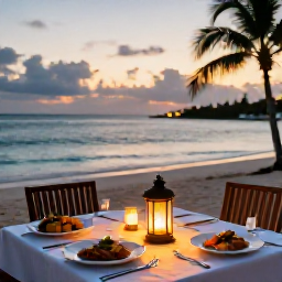 Caribbean Holidays, Caribbean December Holidays, Elegant Caribbean beachfront dinner with lanterns, tropical dishes and a calm sea at sunset during the festive season