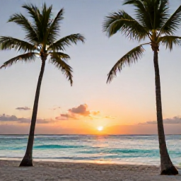 Caribbean Holidays, Caribbean December Holidays, Sunset over a bright Caribbean beach with palm trees, calm turquoise water and a comfortable December holiday atmosphere