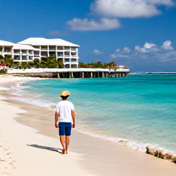 Caribbean Holidays, Caribbean December Holidays, Traveller enjoying a sandy beach and clear Caribbean sea beside a stylish resort in December sunshine