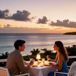 Caribbean Holidays, Caribbean December, Romantic Caribbean restaurant terrace overlooking the sea at sunset with a couple dining