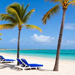 Caribbean Holidays, Caribbean December, Tropical Caribbean beach with turquoise sea, palm trees and sun loungers on a bright December day