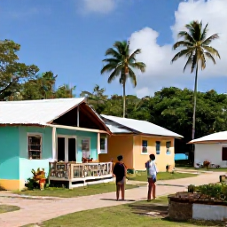 Caribbean Holidays, Caribbean Eco Tours, Local Caribbean guide and visitors visiting a traditional coastal village, with colourful homes, handmade crafts and tropical scenery