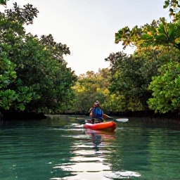 Caribbean Holidays, Caribbean Eco Tours, Mangrove kayak tour at sunrise in a Caribbean nature reserve, with clear water, tropical greenery and a local guide
