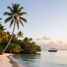 Caribbean Holidays, Caribbean Eco Tours, Peaceful Caribbean coastline at golden hour with a small eco-tour boat, mangroves, palms and calm turquoise sea