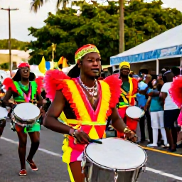 Caribbean Holidays, Caribbean Events, Colourful Caribbean street parade with dancers in bright costumes, steel drums and cheering crowds under warm tropical sunlight