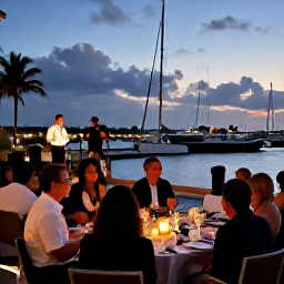 Caribbean Holidays, Caribbean Events, Elegant Caribbean evening with visitors dining outdoors near a marina, soft lights and live entertainment