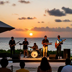 Caribbean Holidays, Caribbean Events, Outdoor Caribbean concert at sunset with a live band performing beside the sea and a relaxed crowd