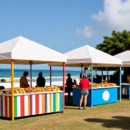 Caribbean Holidays, Caribbean Events, Outdoor Caribbean food festival beside the sea with colourful stalls, grilled seafood, tropical fruit and relaxed visitors