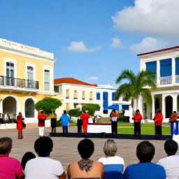 Caribbean Holidays, Caribbean Events, Relaxed Caribbean cultural performance in a historic town square with musicians and visitors watching