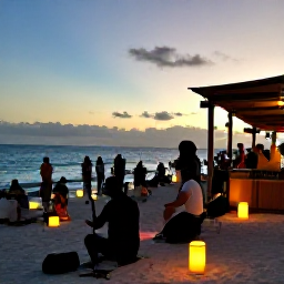 Caribbean Holidays, Caribbean Events, Relaxed Caribbean evening festival on a sandy beach with lanterns, live music and visitors enjoying sunset