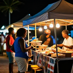 Caribbean Holidays, Caribbean Events, Visitors browsing a lively Caribbean night market with local crafts, street food stalls and warm tropical lighting